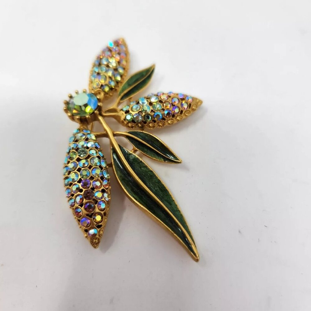 HOBE Ab Rhinestone And Enamel Leaf Flower Brooch Pin